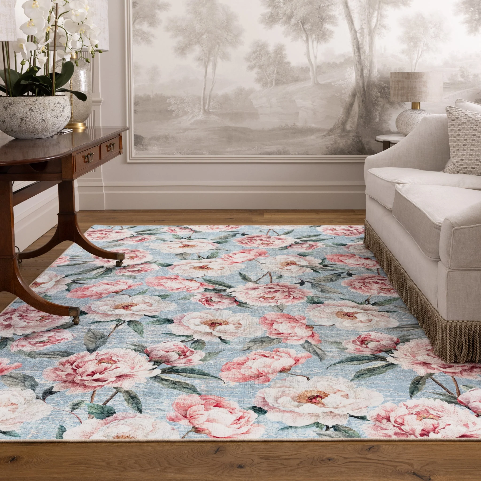 Blooming Peonies Blue Eco-Washable Rug - Image 3