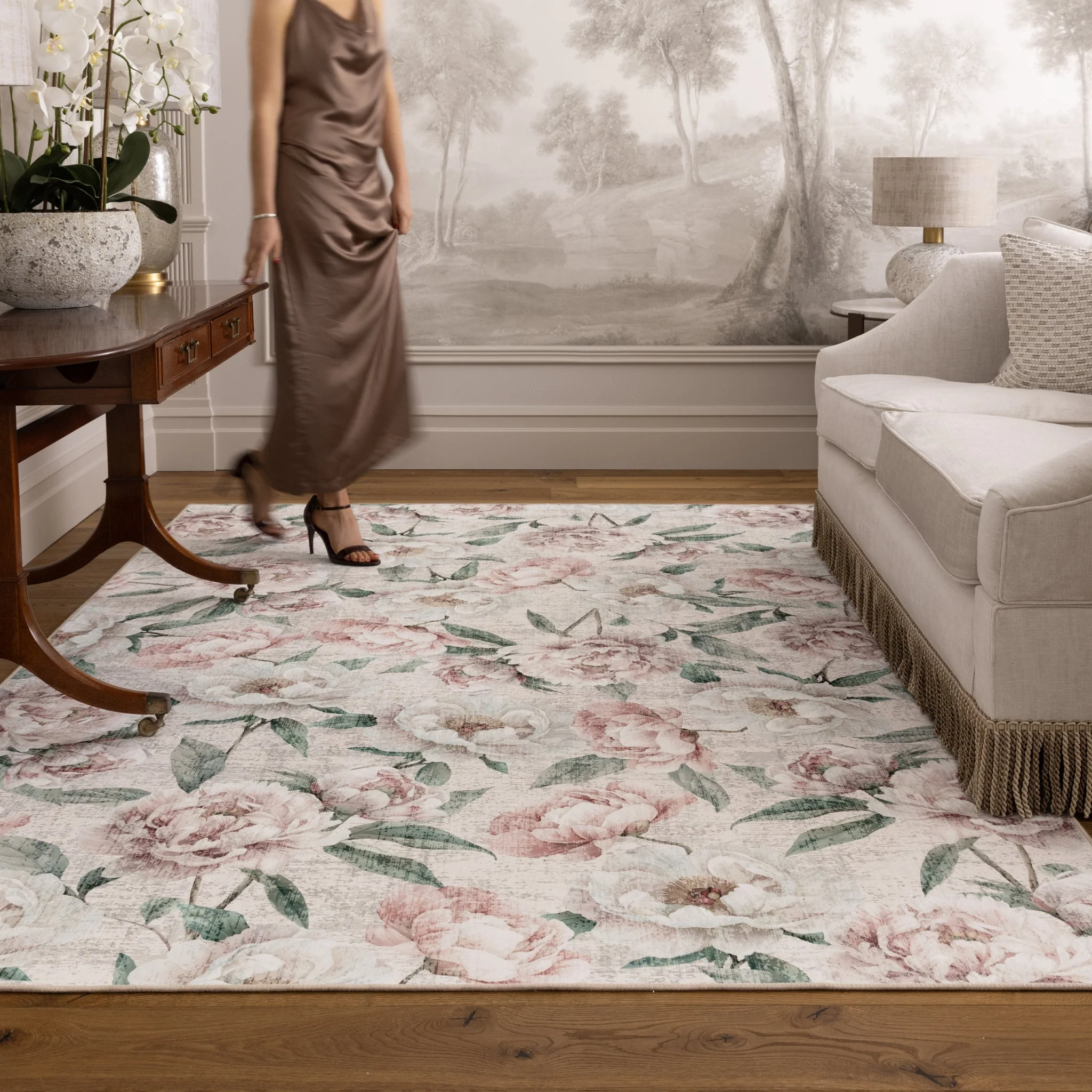 Blooming Peonies Pink Eco-Washable Rug - Image 4